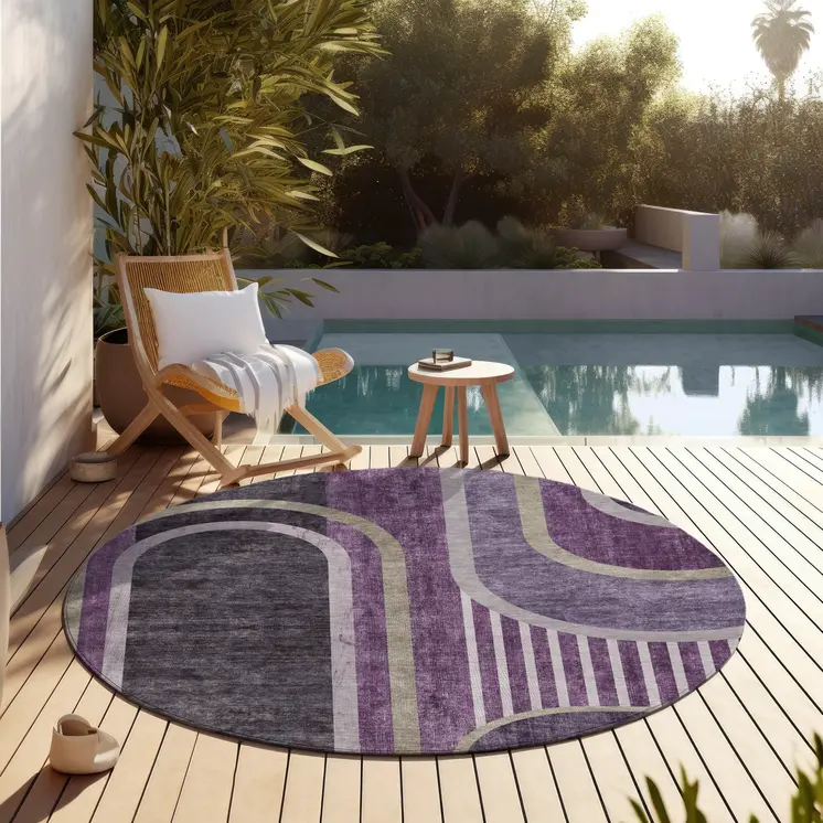 8' X 8' Purple and Black Round Abstract Washable Indoor Outdoor Area Rug