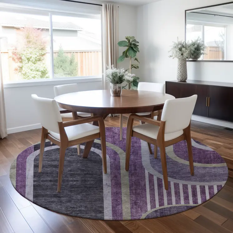 8' X 8' Purple and Black Round Abstract Washable Indoor Outdoor Area Rug