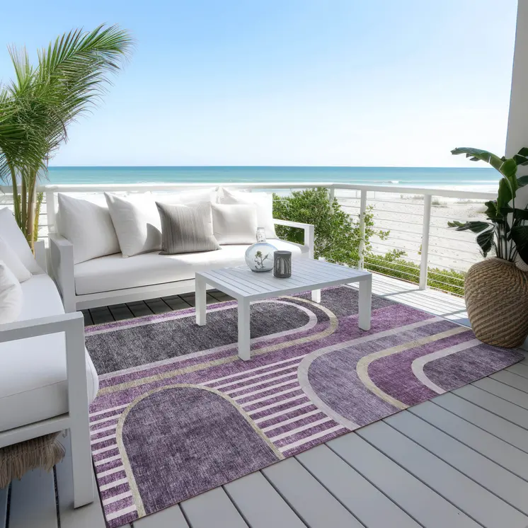 9' X 12' Purple and Black Abstract Washable Indoor Outdoor Area Rug