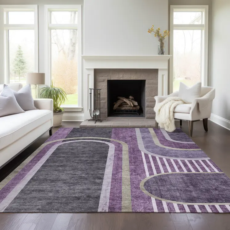 9' X 12' Purple and Black Abstract Washable Indoor Outdoor Area Rug