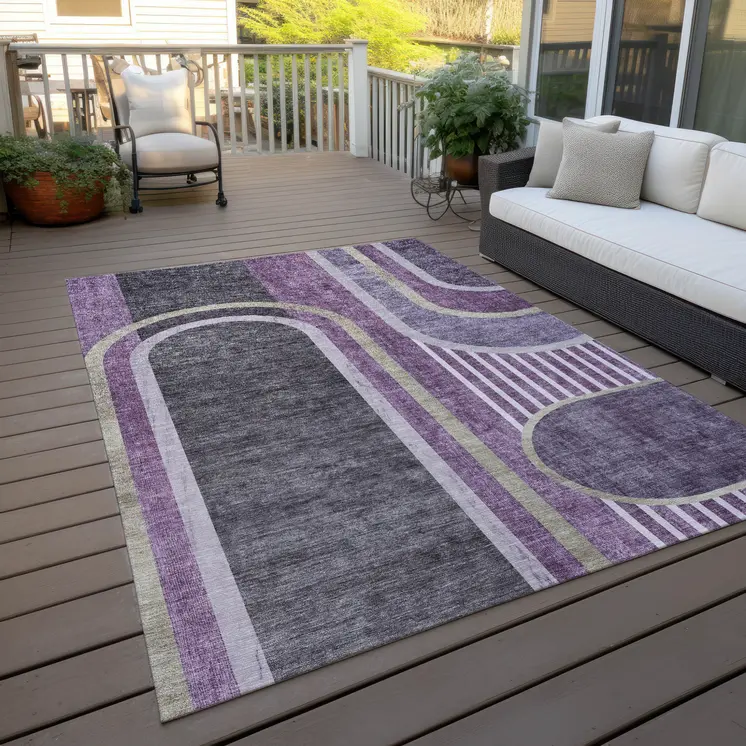 9' X 12' Purple and Black Abstract Washable Indoor Outdoor Area Rug