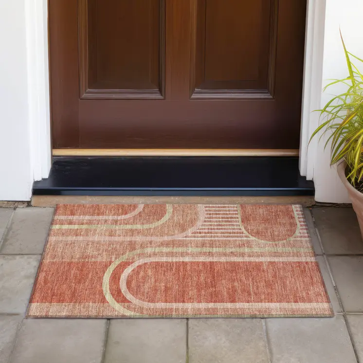 2' X 3' Salmon Abstract Washable Indoor Outdoor Area Rug
