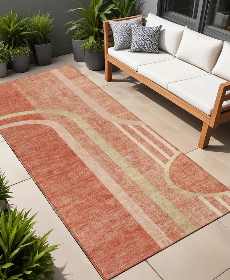 2' X 8' Salmon Abstract Washable Indoor Outdoor Runner Rug