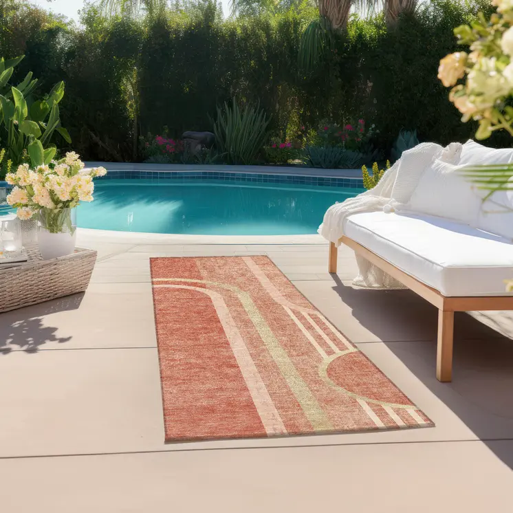 2' X 8' Salmon Abstract Washable Indoor Outdoor Runner Rug