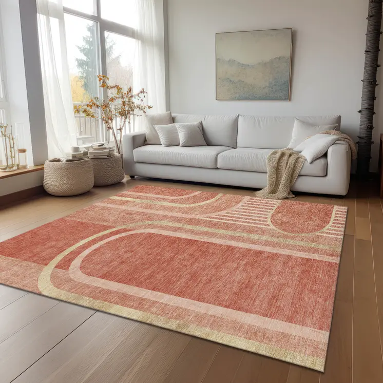 3' X 5' Salmon Abstract Washable Indoor Outdoor Area Rug