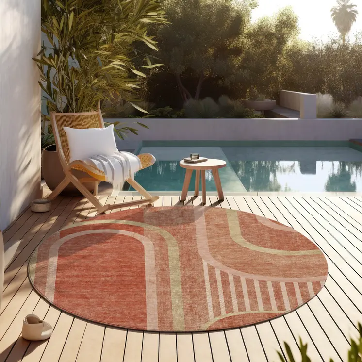 8' X 8' Salmon Round Abstract Washable Indoor Outdoor Area Rug