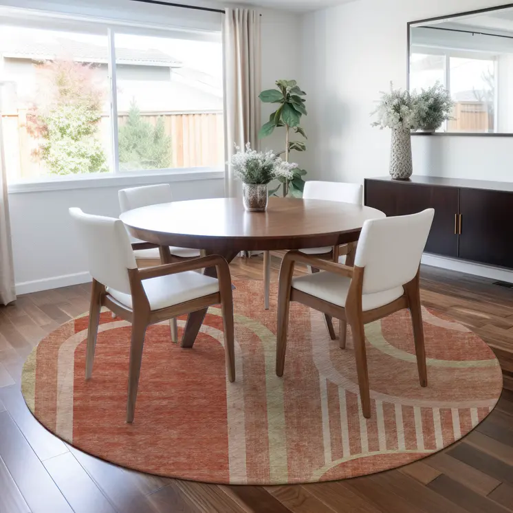 8' X 8' Salmon Round Abstract Washable Indoor Outdoor Area Rug