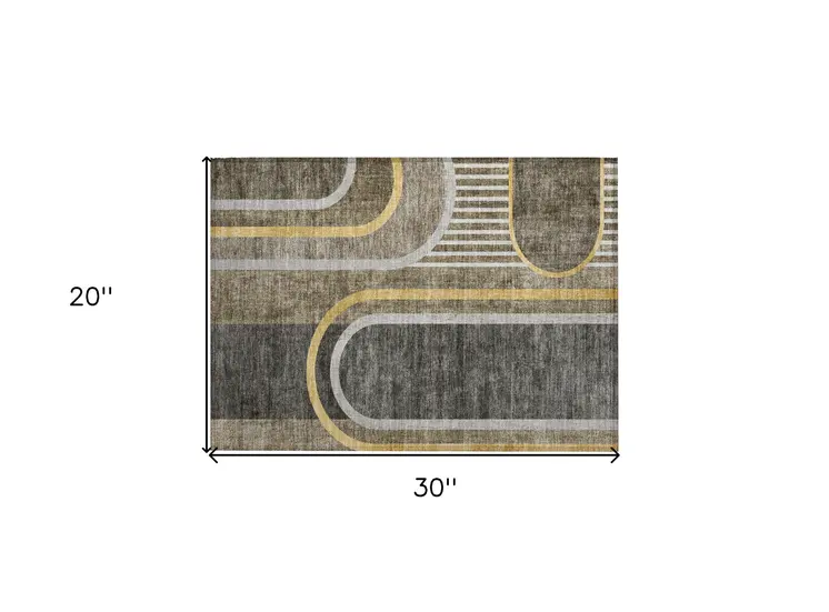 2' X 3' Gray Green and Gold Abstract Washable Non Skid Indoor Outdoor Area Rug