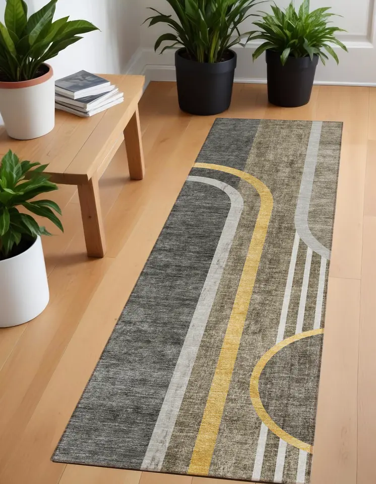 2' X 8' Gray Green and Gold Abstract Washable Non Skid Indoor Outdoor Area Rug
