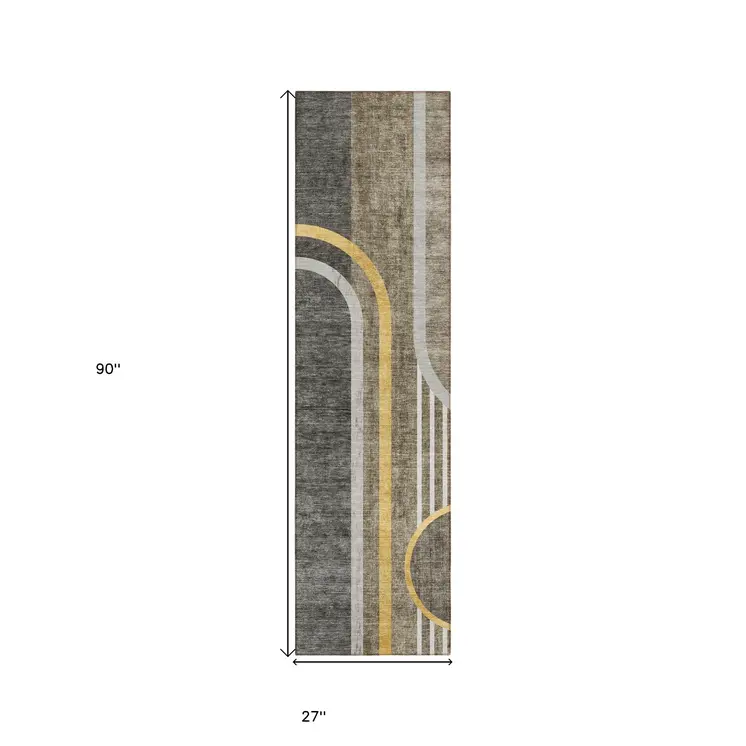 2' X 8' Gray Green and Gold Abstract Washable Non Skid Indoor Outdoor Area Rug