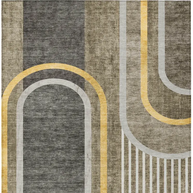5' X 8' Gray Green and Gold Abstract Washable Non Skid Indoor Outdoor Area Rug