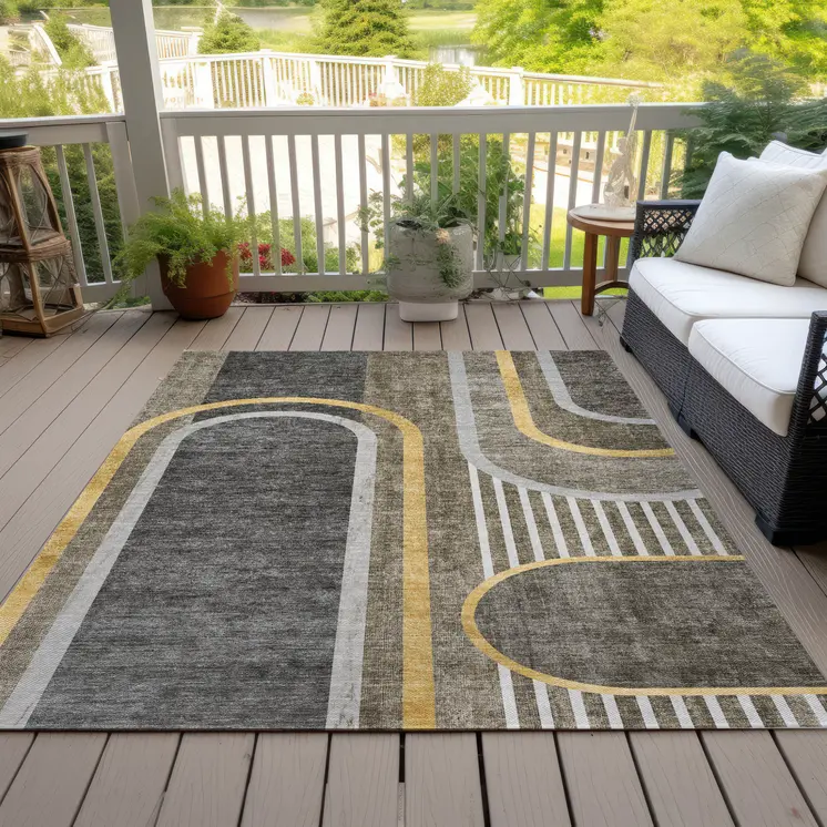 5' X 8' Gray Green and Gold Abstract Washable Non Skid Indoor Outdoor Area Rug