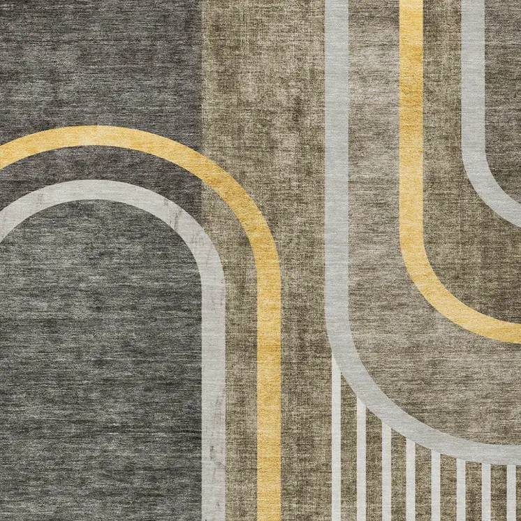 5' X 8' Gray Green and Gold Abstract Washable Non Skid Indoor Outdoor Area Rug
