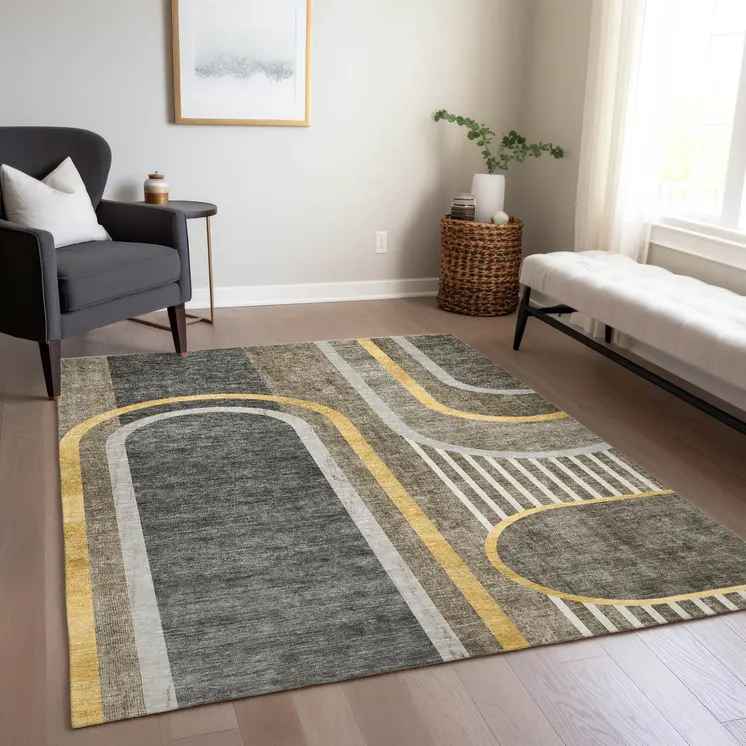 5' X 8' Gray Green and Gold Abstract Washable Non Skid Indoor Outdoor Area Rug