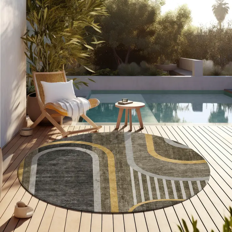 8' X 8' Gray Green and Gold Round Abstract Washable Non Skid Indoor Outdoor Area Rug