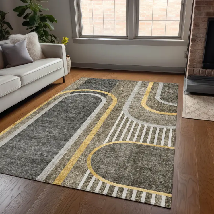 9' X 12' Gray Green and Gold Abstract Washable Non Skid Indoor Outdoor Area Rug