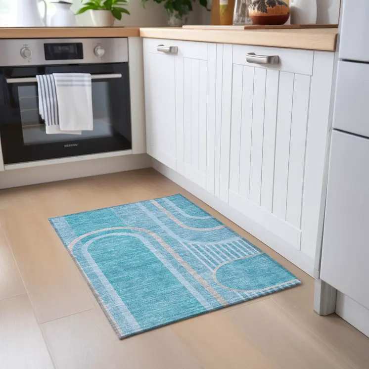 2' X 3' Teal Abstract Washable Indoor Outdoor Area Rug