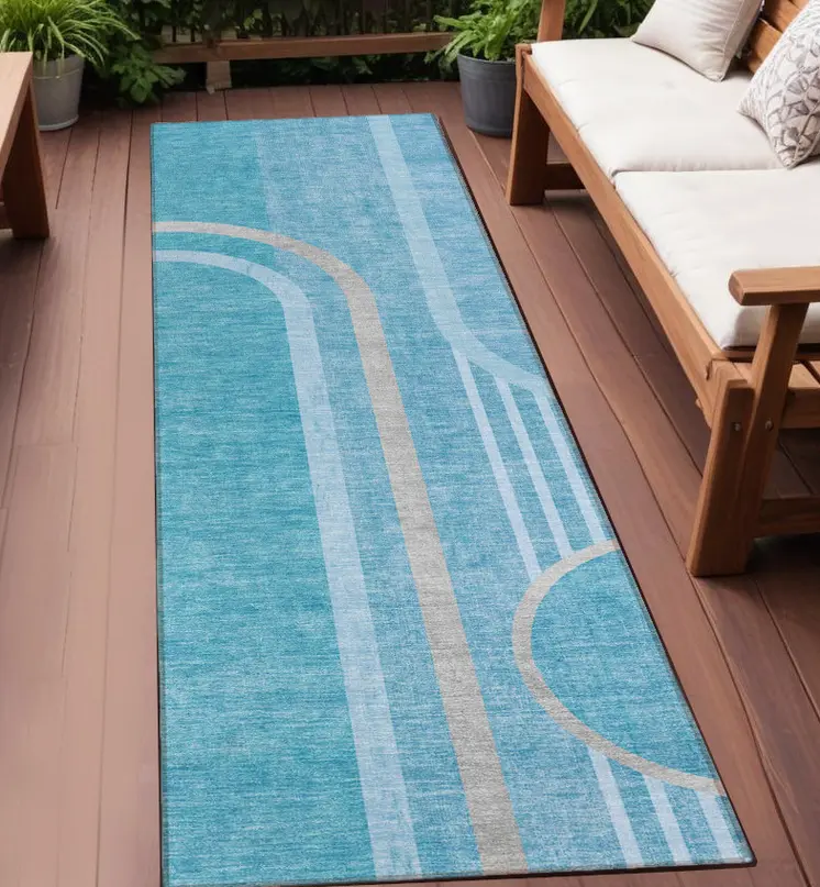 2' X 8' Teal Abstract Washable Indoor Outdoor Runner Rug