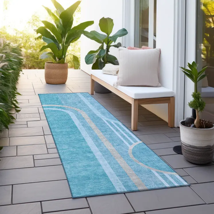 2' X 8' Teal Abstract Washable Indoor Outdoor Runner Rug