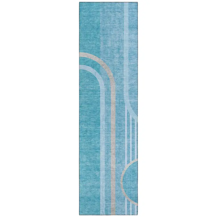 2' X 8' Teal Abstract Washable Indoor Outdoor Runner Rug