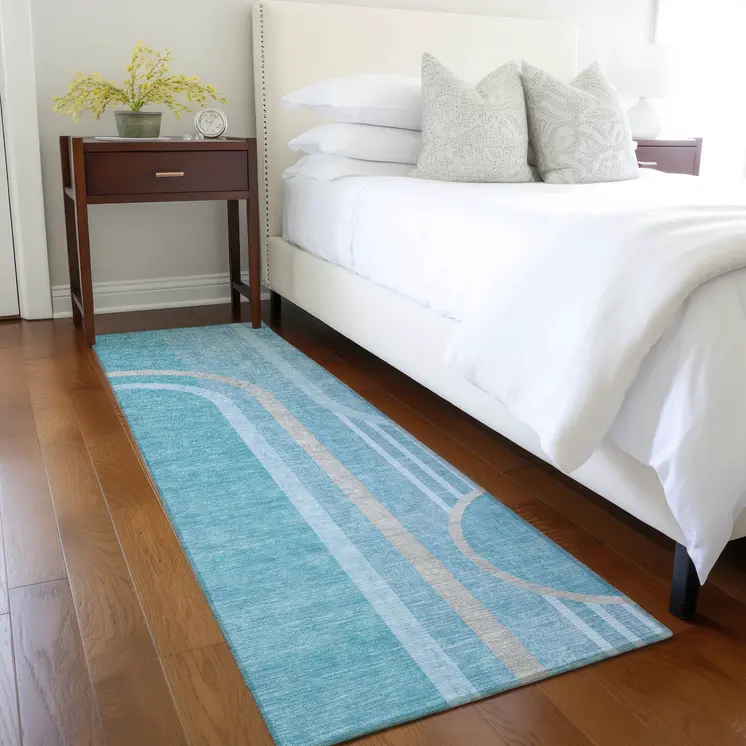 2' X 8' Teal Abstract Washable Indoor Outdoor Runner Rug
