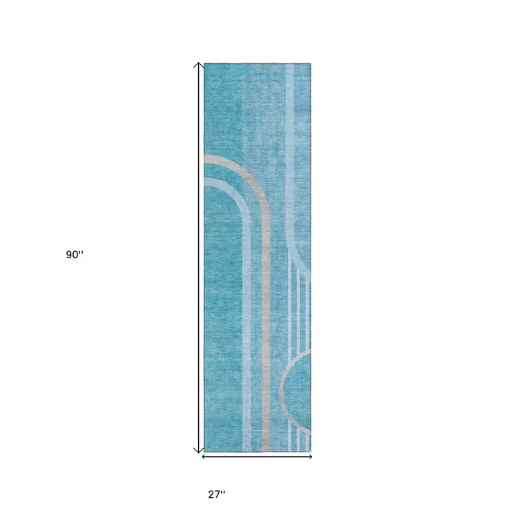 2' X 8' Teal Abstract Washable Indoor Outdoor Runner Rug