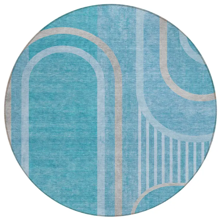 8' X 8' Teal Round Abstract Washable Indoor Outdoor Area Rug