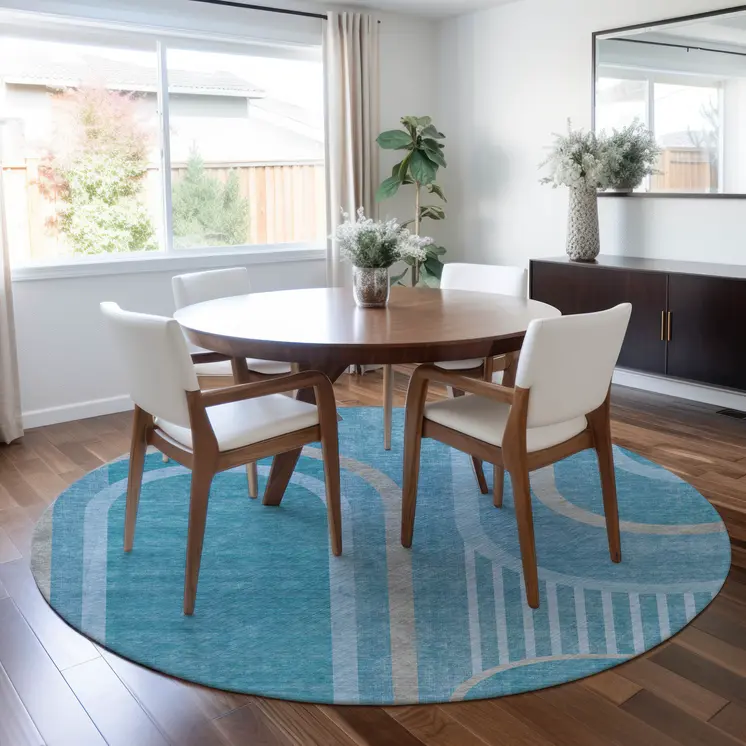 8' X 8' Teal Round Abstract Washable Indoor Outdoor Area Rug
