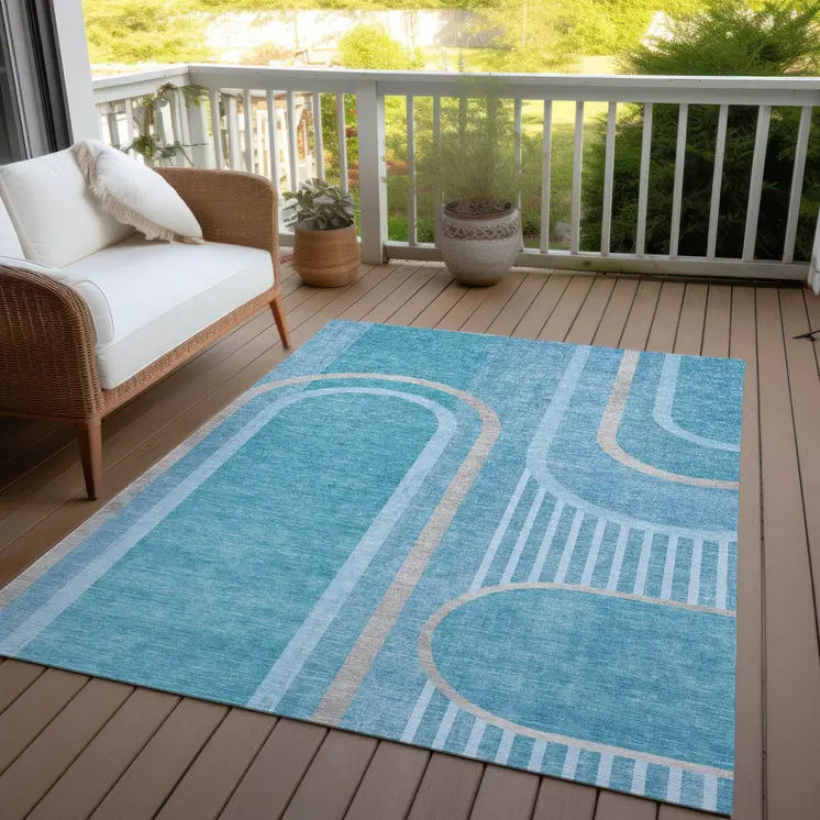 9' X 12' Teal Abstract Washable Indoor Outdoor Area Rug