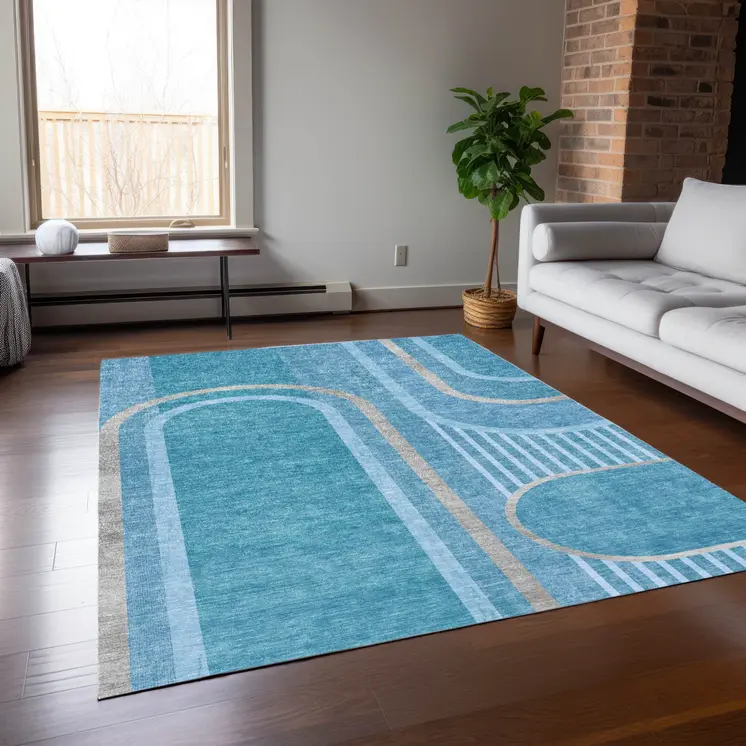 9' X 12' Teal Abstract Washable Indoor Outdoor Area Rug