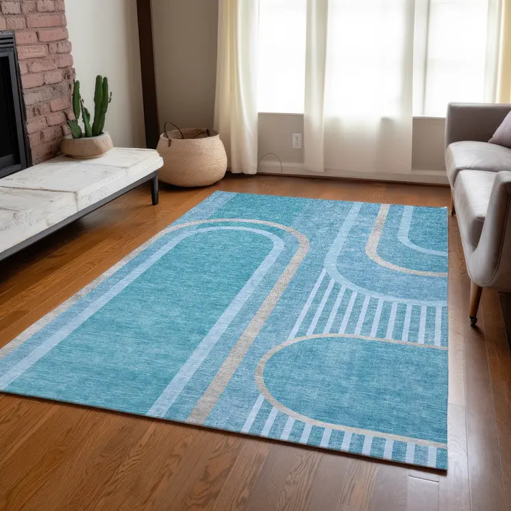 9' X 12' Teal Abstract Washable Indoor Outdoor Area Rug