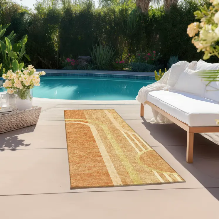 2' X 8' Terra Cotta Abstract Washable Indoor Outdoor Runner Rug
