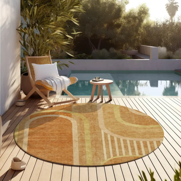 8' X 8' Terra Cotta Round Abstract Washable Indoor Outdoor Area Rug