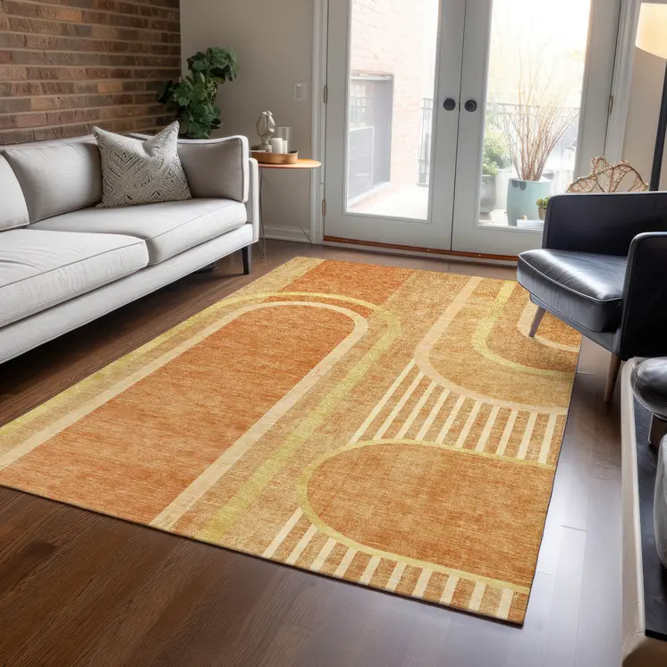 10' X 14' Terra Cotta Abstract Washable Indoor Outdoor Area Rug