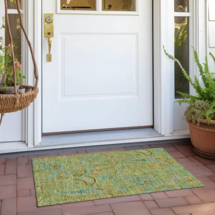 2' X 3' Artichoke Green Paisley Washable Indoor Outdoor Area Rug