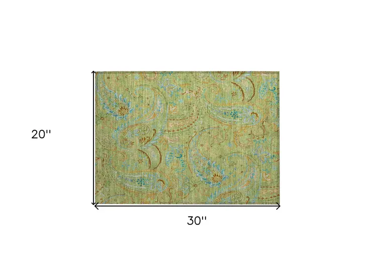 2' X 3' Artichoke Green Paisley Washable Indoor Outdoor Area Rug