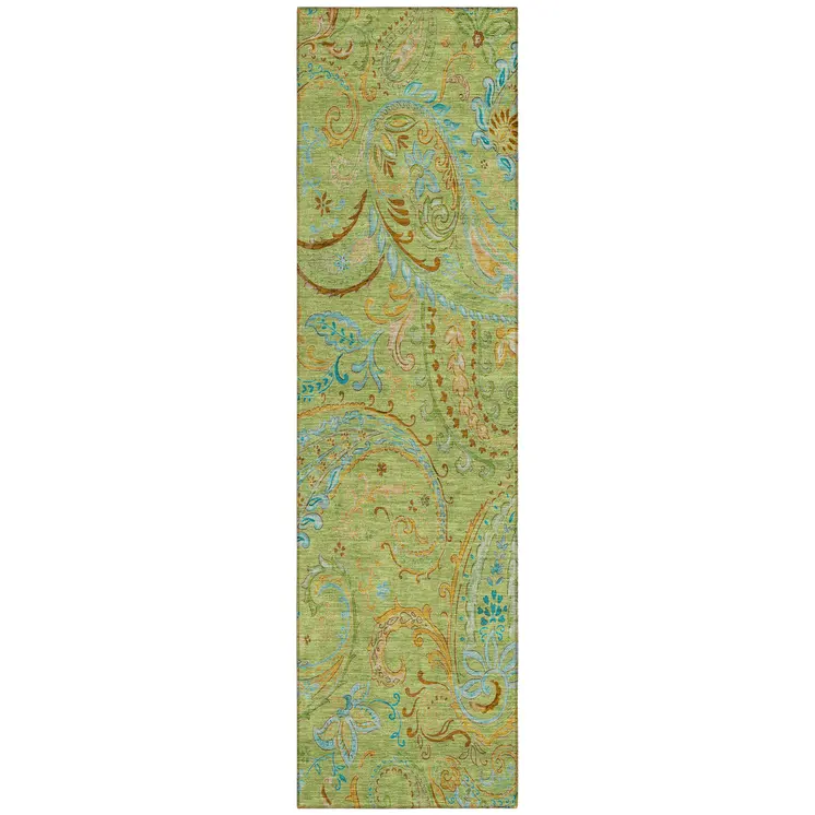2' X 8' Artichoke Green Paisley Washable Indoor Outdoor Runner Rug