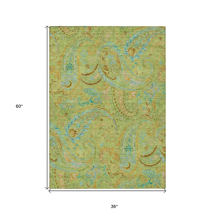 3' X 5' Artichoke Green Paisley Washable Indoor Outdoor Area Rug
