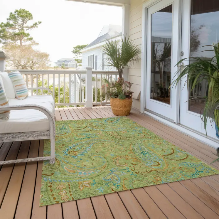 3' X 5' Artichoke Green Paisley Washable Indoor Outdoor Area Rug