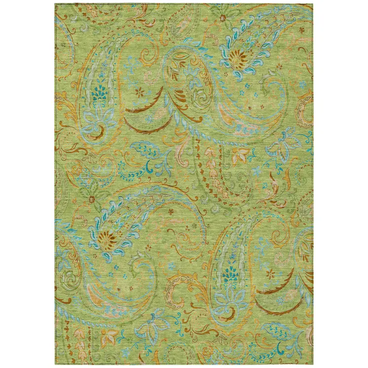 3' X 5' Artichoke Green Paisley Washable Indoor Outdoor Area Rug
