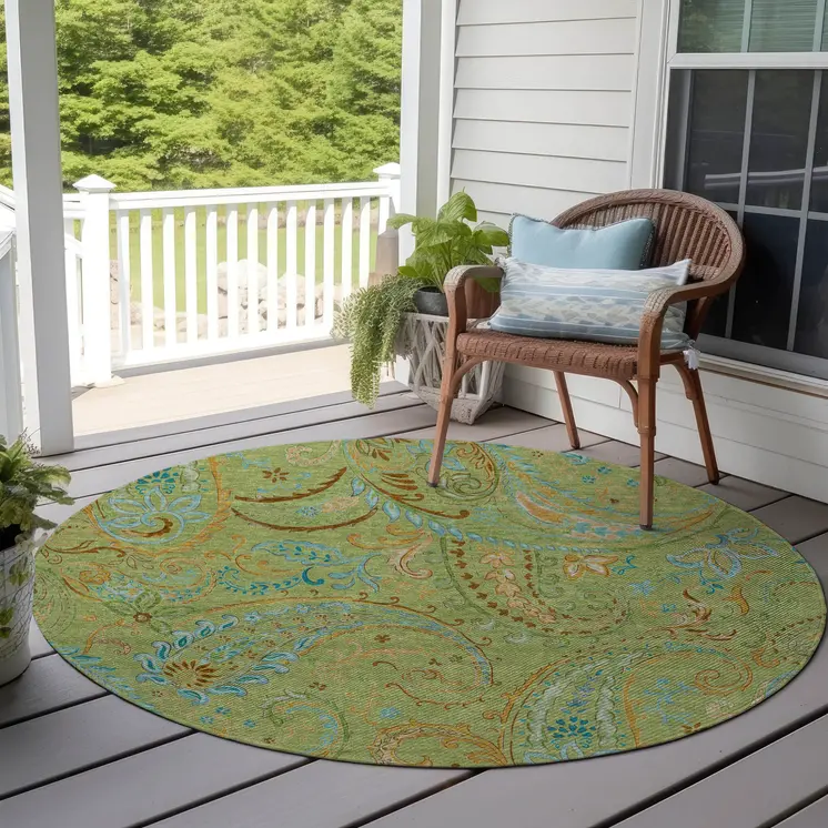 8' X 8' Artichoke Green Round Paisley Washable Indoor Outdoor Area Rug