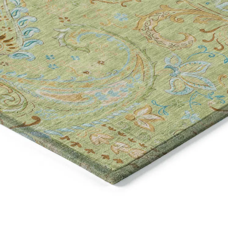 8' X 8' Artichoke Green Round Paisley Washable Indoor Outdoor Area Rug