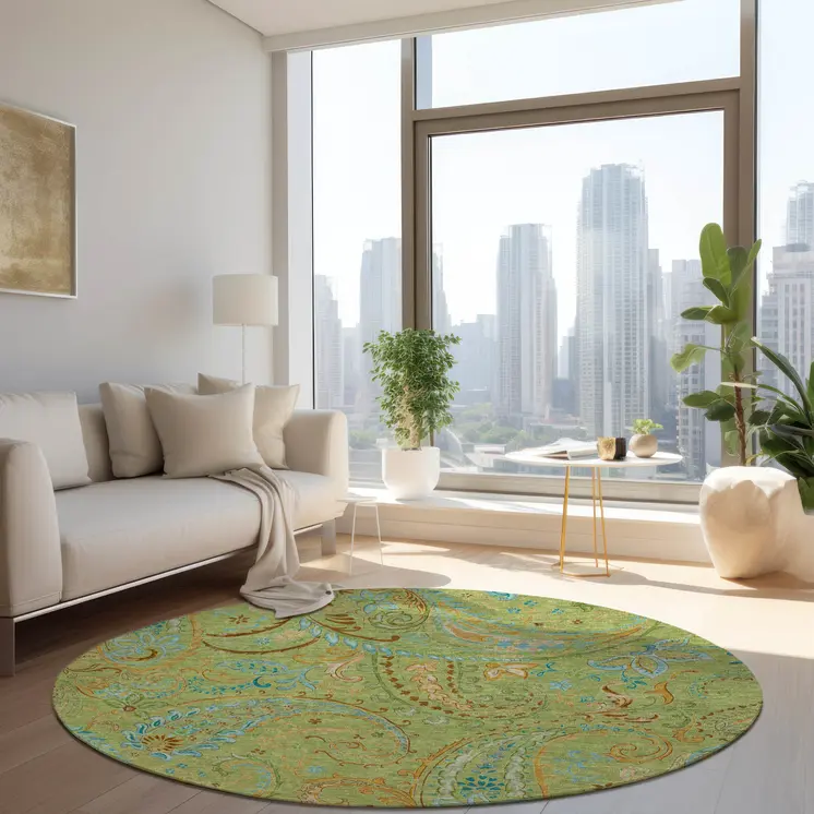 8' X 8' Artichoke Green Round Paisley Washable Indoor Outdoor Area Rug