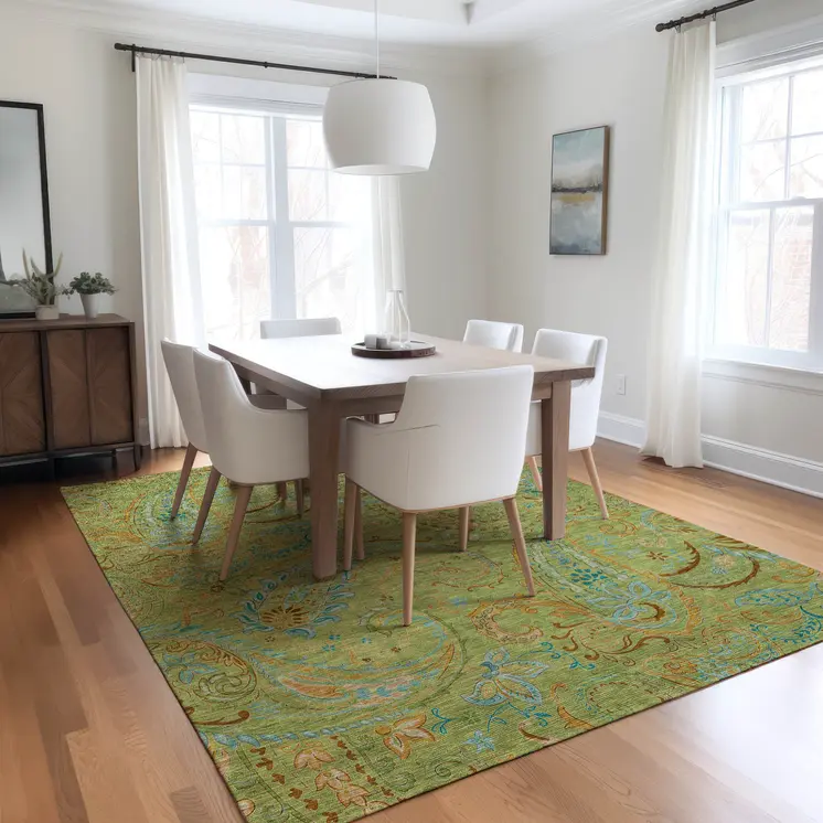 8' X 10' Artichoke Green Paisley Washable Indoor Outdoor Area Rug