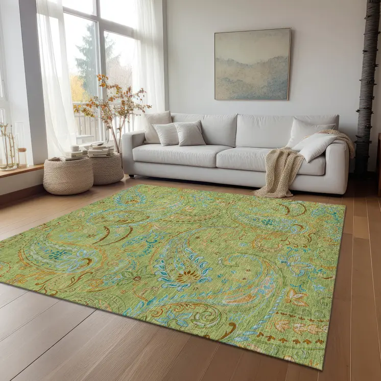 8' X 10' Artichoke Green Paisley Washable Indoor Outdoor Area Rug