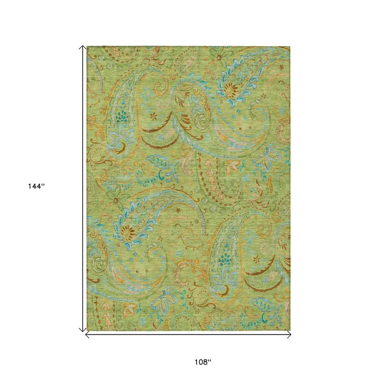 9' X 12' Artichoke Green Paisley Washable Indoor Outdoor Area Rug