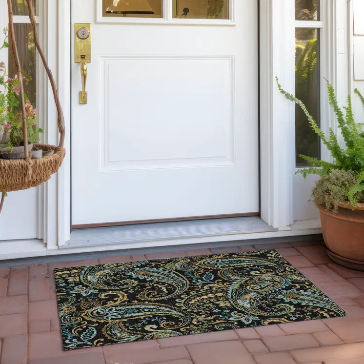 2' X 3' Black and Gold Paisley Washable Indoor Outdoor Area Rug