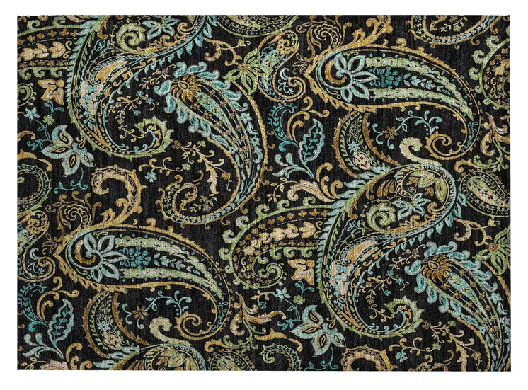 2' X 3' Black and Gold Paisley Washable Indoor Outdoor Area Rug