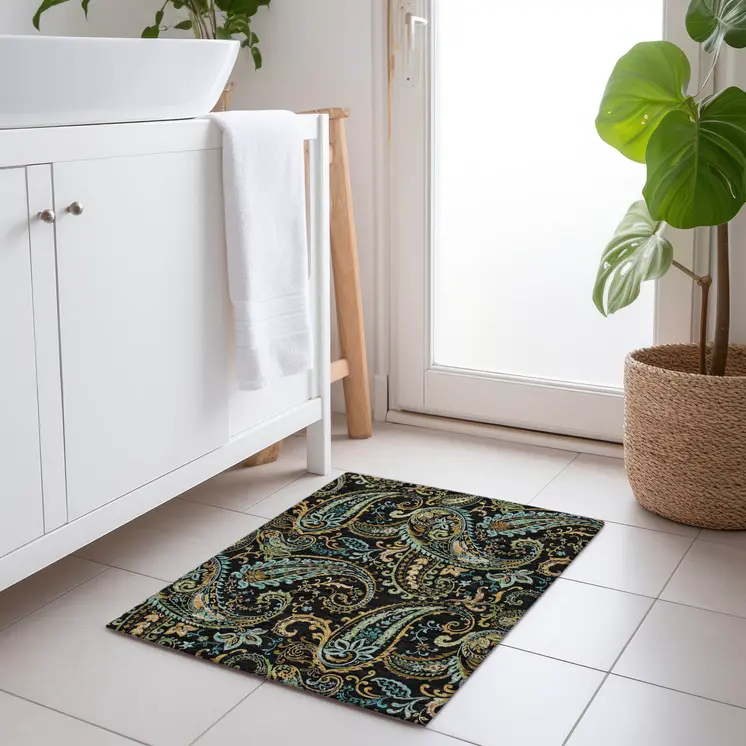 2' X 3' Black and Gold Paisley Washable Indoor Outdoor Area Rug