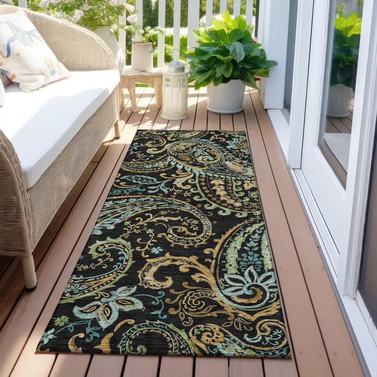 2' X 8' Black and Gold Paisley Washable Indoor Outdoor Runner Rug